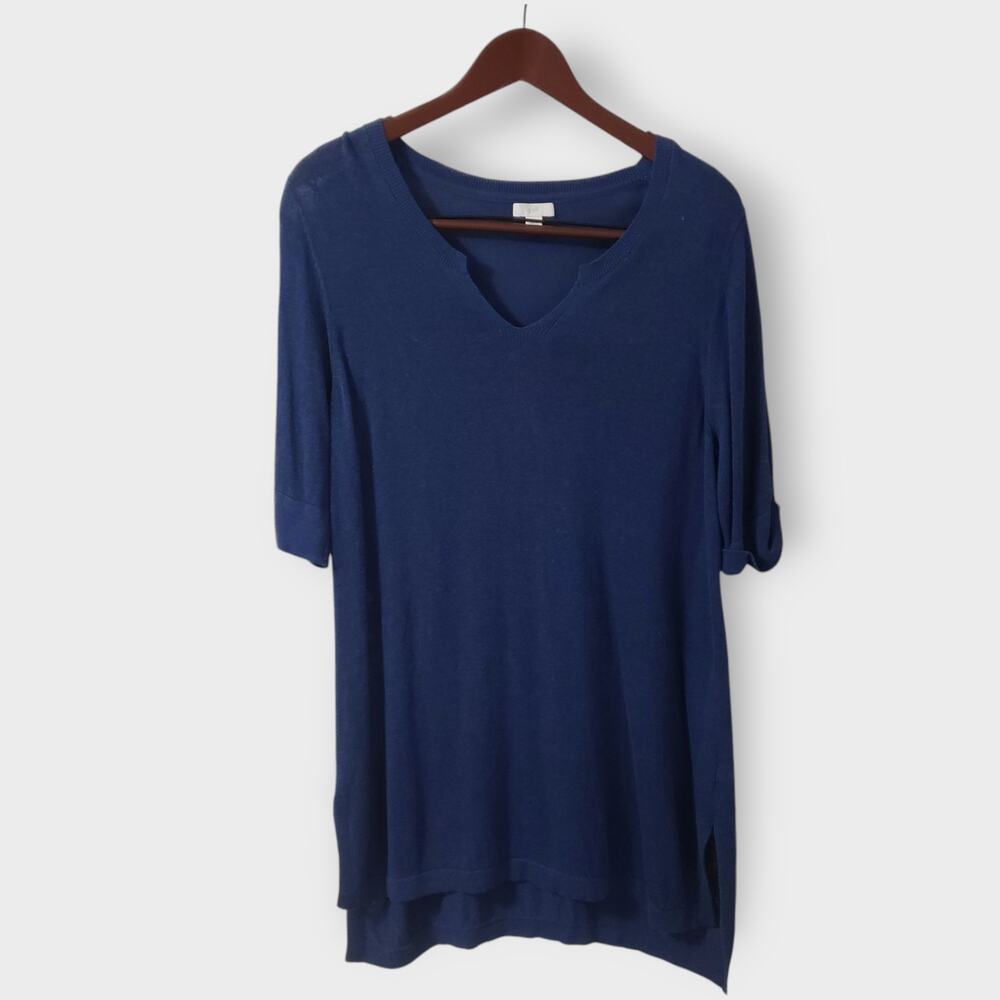 J. Jill Linen Blend Short Sleeve Tunic‎ Sweater Blue Medium Petite Roll Tab